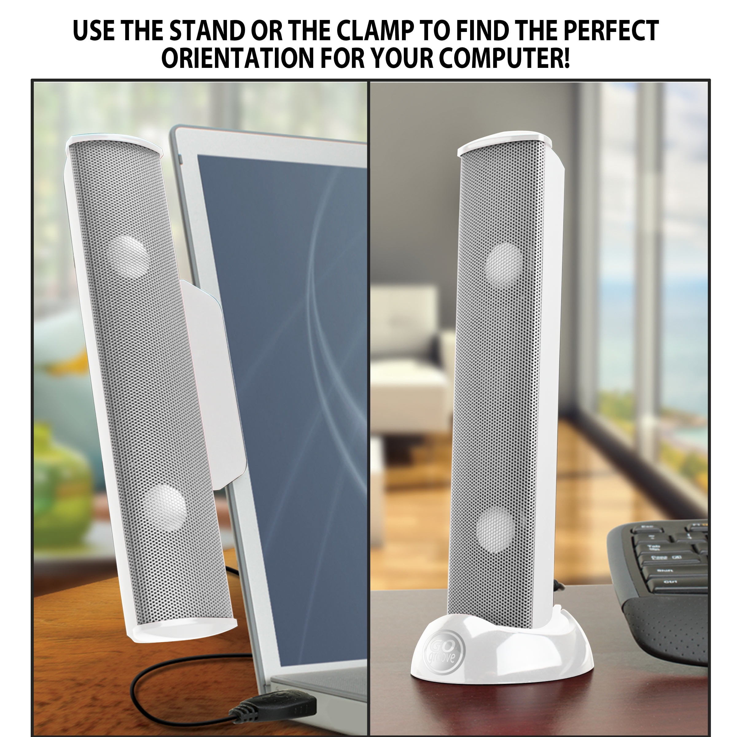 GOgroove USB Laptop Speaker Bar with Clip-On Portable Design (White)