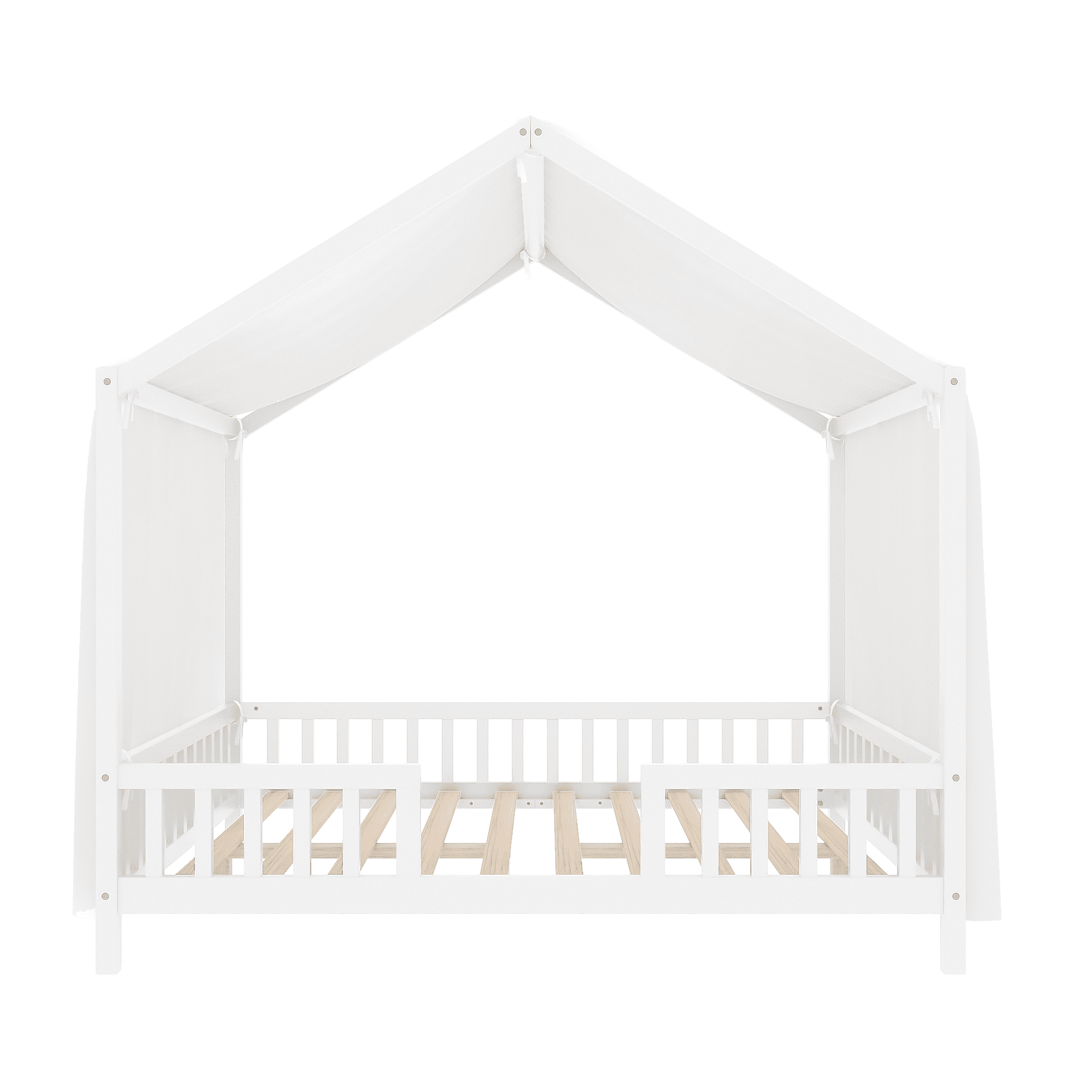 Euroco House Floor Bed with High Railings, Full Size Kids' Bed with Canopy, White