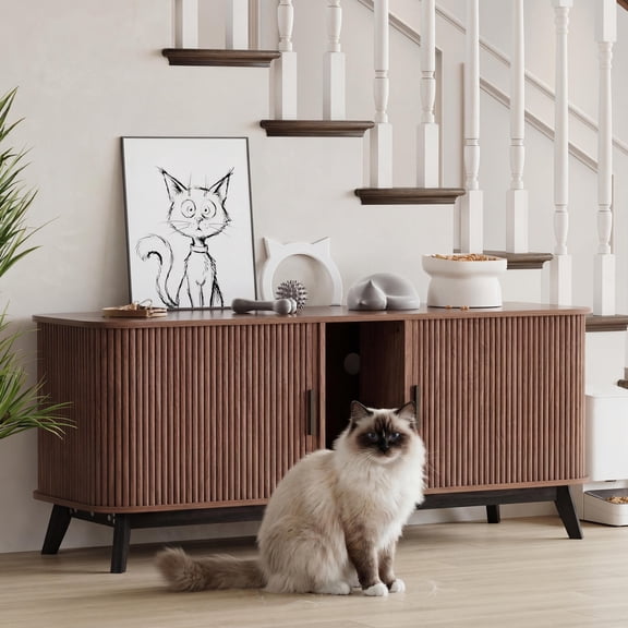 59" Cat Litter Box Enclosure Furniture for 2 Cats – Hidden Litter Box Cabinet with Sliding Door, Includes Litter Mat – Wooden TV Stand/Side Table – Walnut