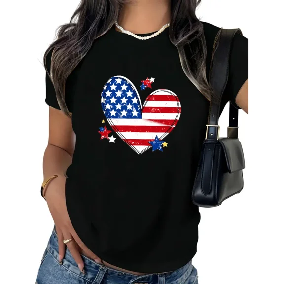 UNISHE Women's Patriotic Heart T-Shirt American Flag Stars and Stripes Distressed with Stars Graphic Short Sleeve Crewneck 4th of July Summer Top