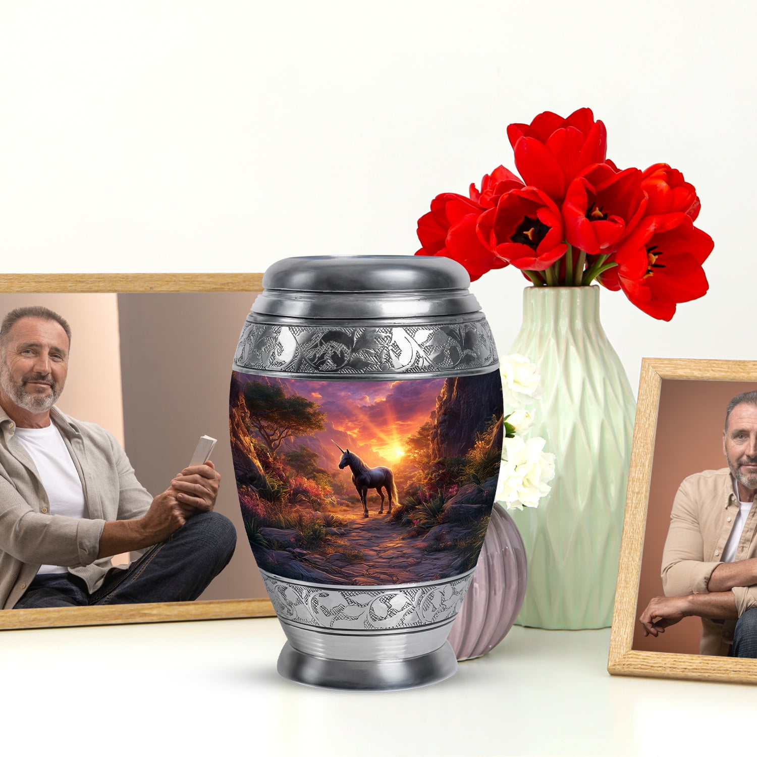 JAGASY Unicorn Mini Urn for Mother, Purple Keepsake Small Urns for Human Ashes, Sunset Forest Trees & Mountain Decorative Urns for Parents, Funeral Urn for Father, (3 Inch)
