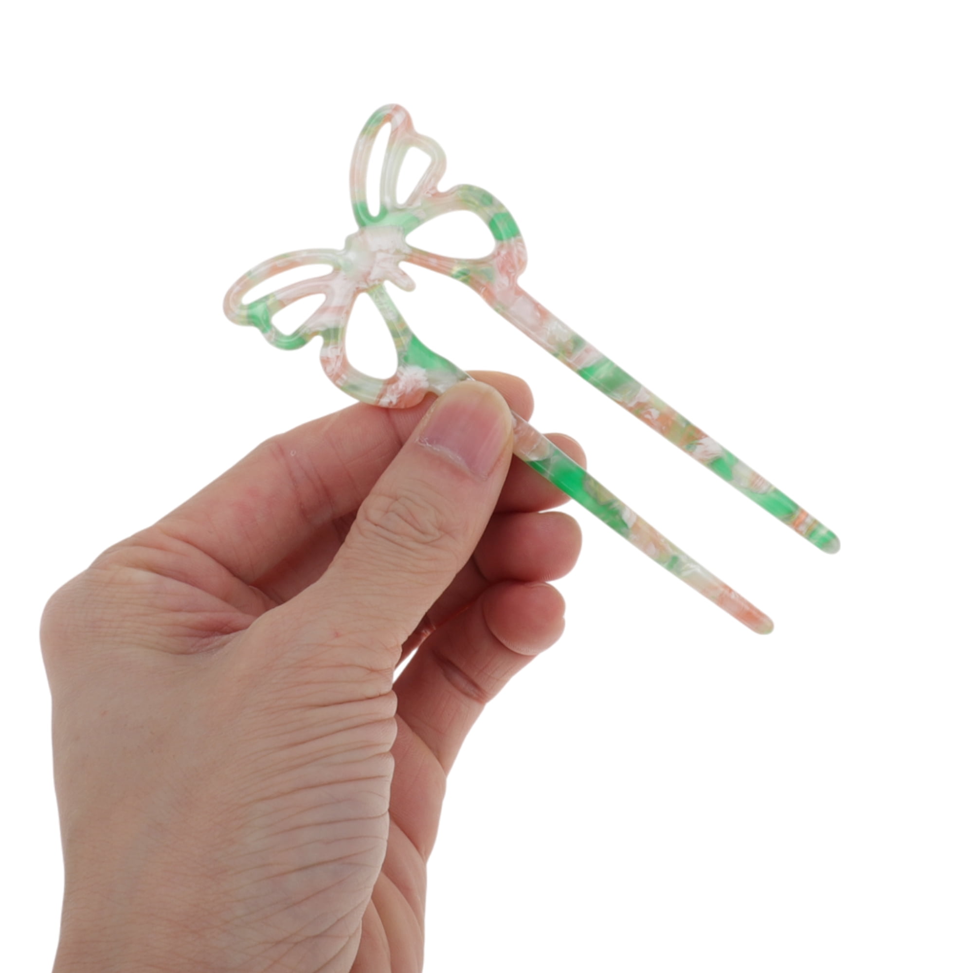 Unique Bargains Butterfly Hair Stick Fork Pins for Women 1 Pc Green, Pink