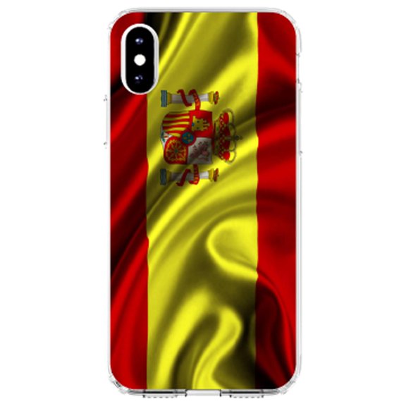 DistinctInk Clear Shockproof Hybrid Case for iPhone XS Max (6.5" Screen) - TPU Bumper, Acrylic Back, Tempered Glass Screen Protector - Spain Waving Spanish Flag Red Yellow - Show Your Love of Spain