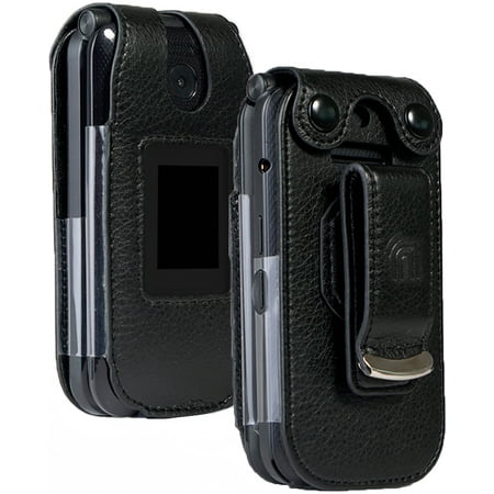 Case for Consumer Cellular Link II, Nakedcellphone [Black Vegan Leather] Form-Fit Cover with [Built-In Screen Protection] and [Metal Belt Clip] for Link 2 Flip Phone (Z2335CC)
