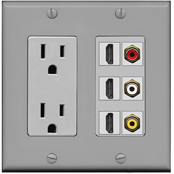 RiteAV - 2 x 15 Amp 125V Power Outlet 3 x HDMI and 3 x RCA Port Wall Plate - Gray