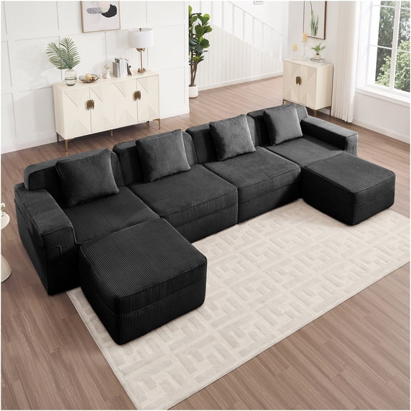 JERFIT 4-Piece Modular U-Shaped Sectional Sofa with Ottomans, Plush Corduroy Fabric, No Assembly Required, Deep Seating for Living Room, Black