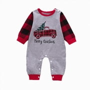 Enyan My 1st Christmas Baby Boy Outfit Merry Christmas Romper Plaid Sleeve Jumpsuit Infant One-piece Clothes(Red,6-9 Months)