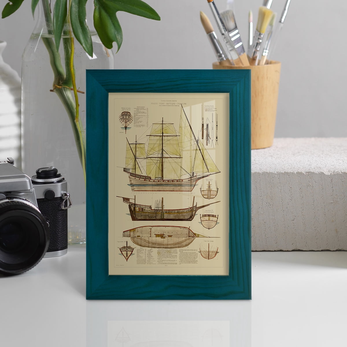 Antique Ship Plan II -Framed Print w/glass-Ocean Blue