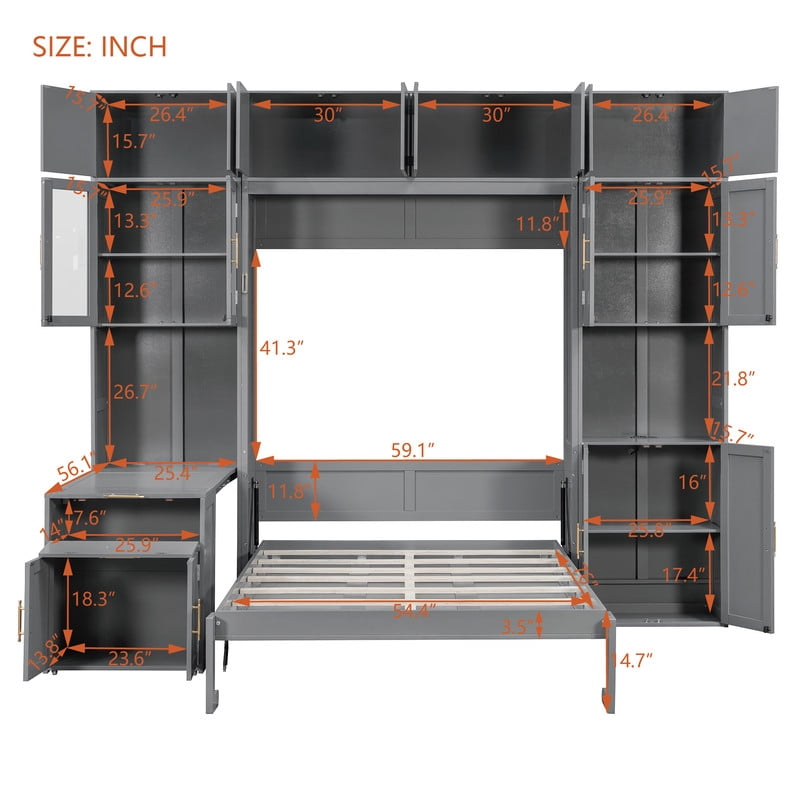 Full Size All-in-One Murphy Bed with Hidden Desk & Storage Cabinets, Foldable Platform Bed Frame with Power Outlet & LED Light