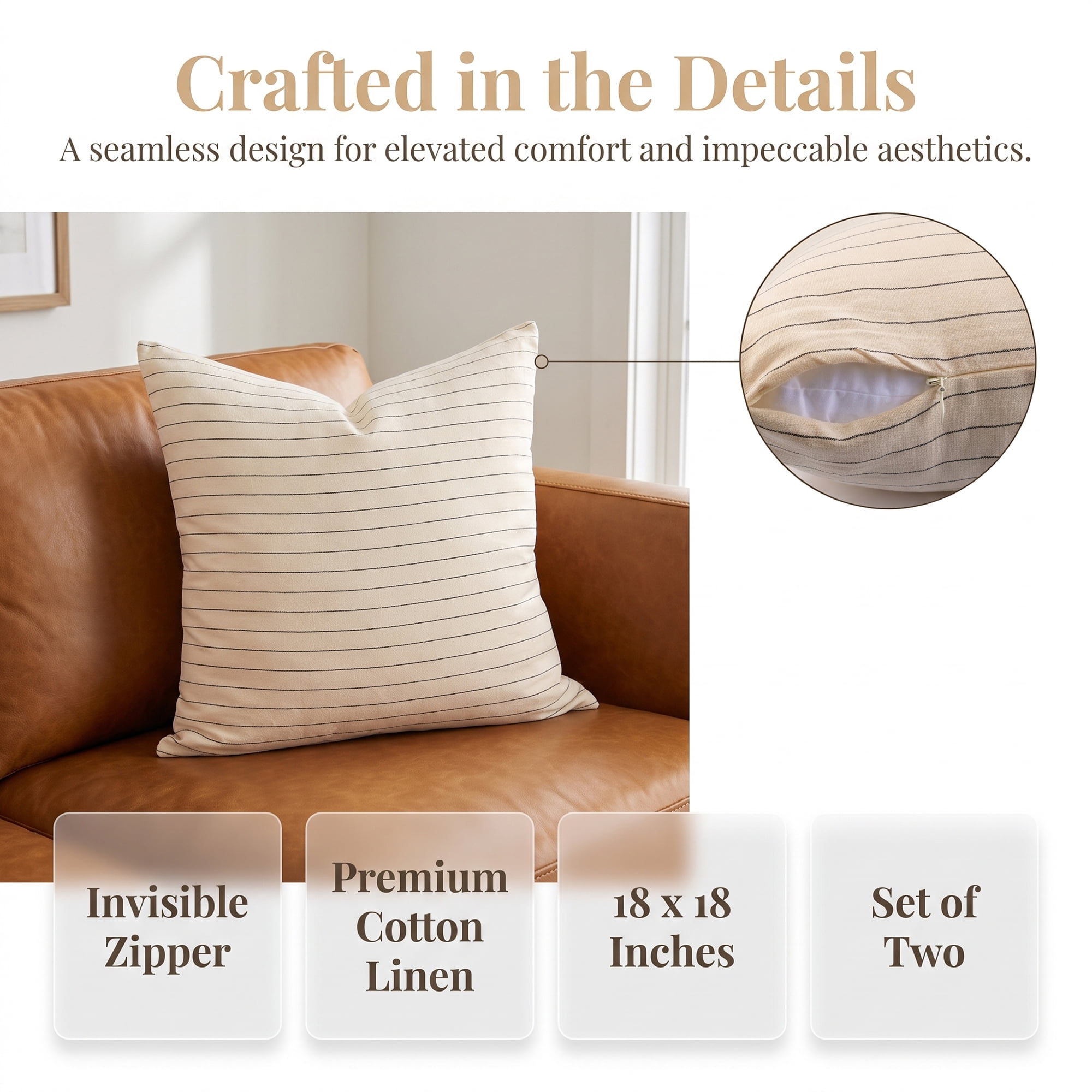 Unique Bargains 2 Pack Fine Stripe Throw Pillow Covers Cotton Blend Cases Beige 18"x18"