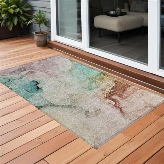 HomeRoots 560474 2 x 3 ft. Teal Abstract Washable Non Skid Indoor Outdoor Rectangle Machine Woven Area Rug