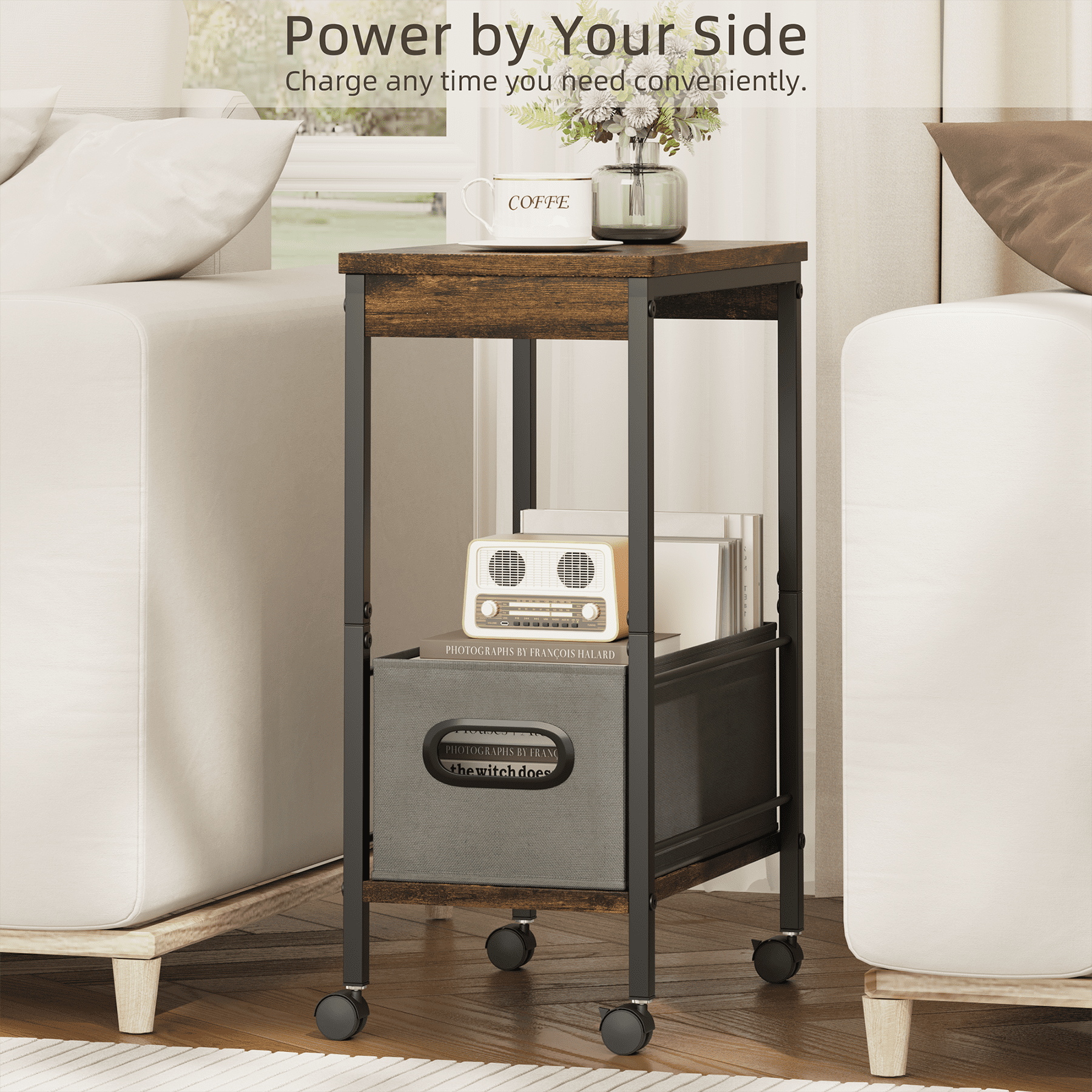 Narrow End Table Living Room with Wheel, Side Table with Fabric Drawer, Slim Nightstand for Bedroom, Small Spaces