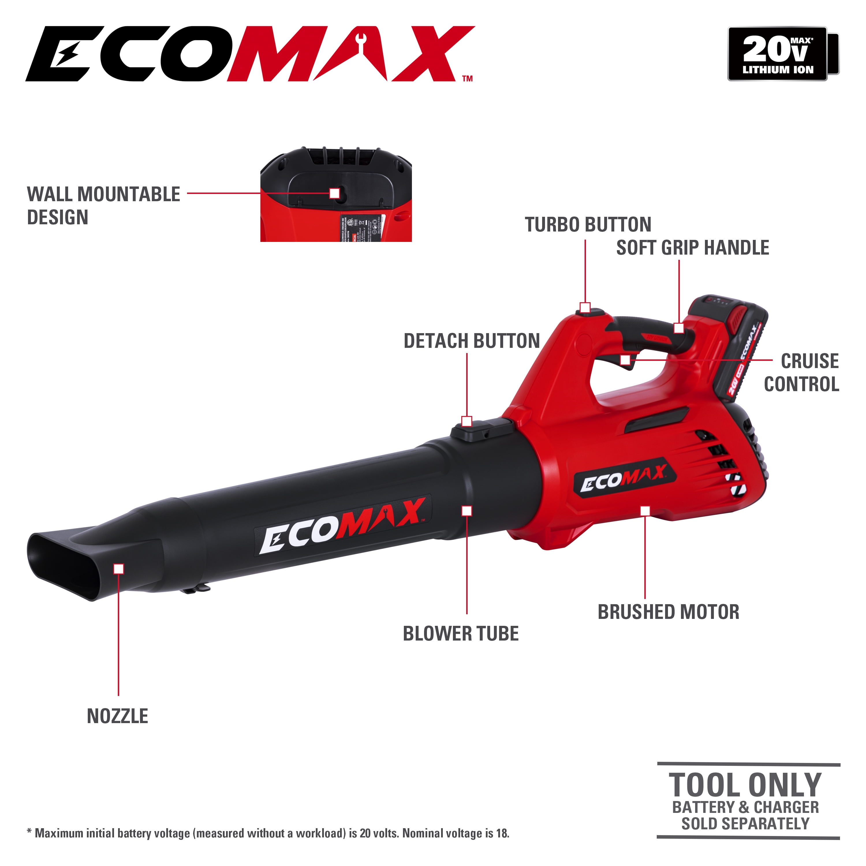 Ecomax EMA2002-002A 20V Battery-Powered Cordless Leaf Blower 365 CFM – Includes Rechargeable 2.0Ah Battery & Charger