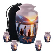 Penguins Funeral Urn For Human Ashes Adult Female, 1 Large & 4 Keepsake Small Cremation Urns For Human Ashes, Blue Urns For Adult Man And Women, Mini Urn For Mother And Father, 10&3 Inch