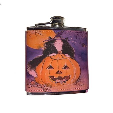 KuzmarK Pink Leather Flask - Witchy Maine Coon Kitty with Jack O'Lantern and Mice Halloween Cat Art by Denise