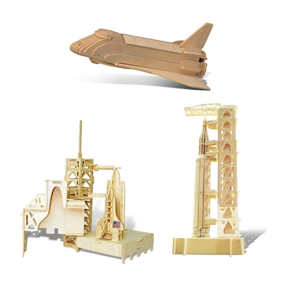 Puzzled Bundle of Space Crafts: Space Shuttle, Saturn V, & Shuttle Launch Wooden 3D Puzzles Construction Kits, Educational DIY Space Toys Assemble Models Wood Craft Hobby to Build & Paint - 3 Pack