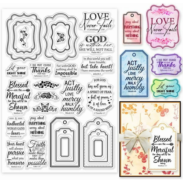 Sellos transparentes con diseño de etiquetas bíblicas para hacer tarjetas, sello de silicona transparente con marco floral de 21 x 14,8 cm, sellos de silicona transparentes con palabras de bendición