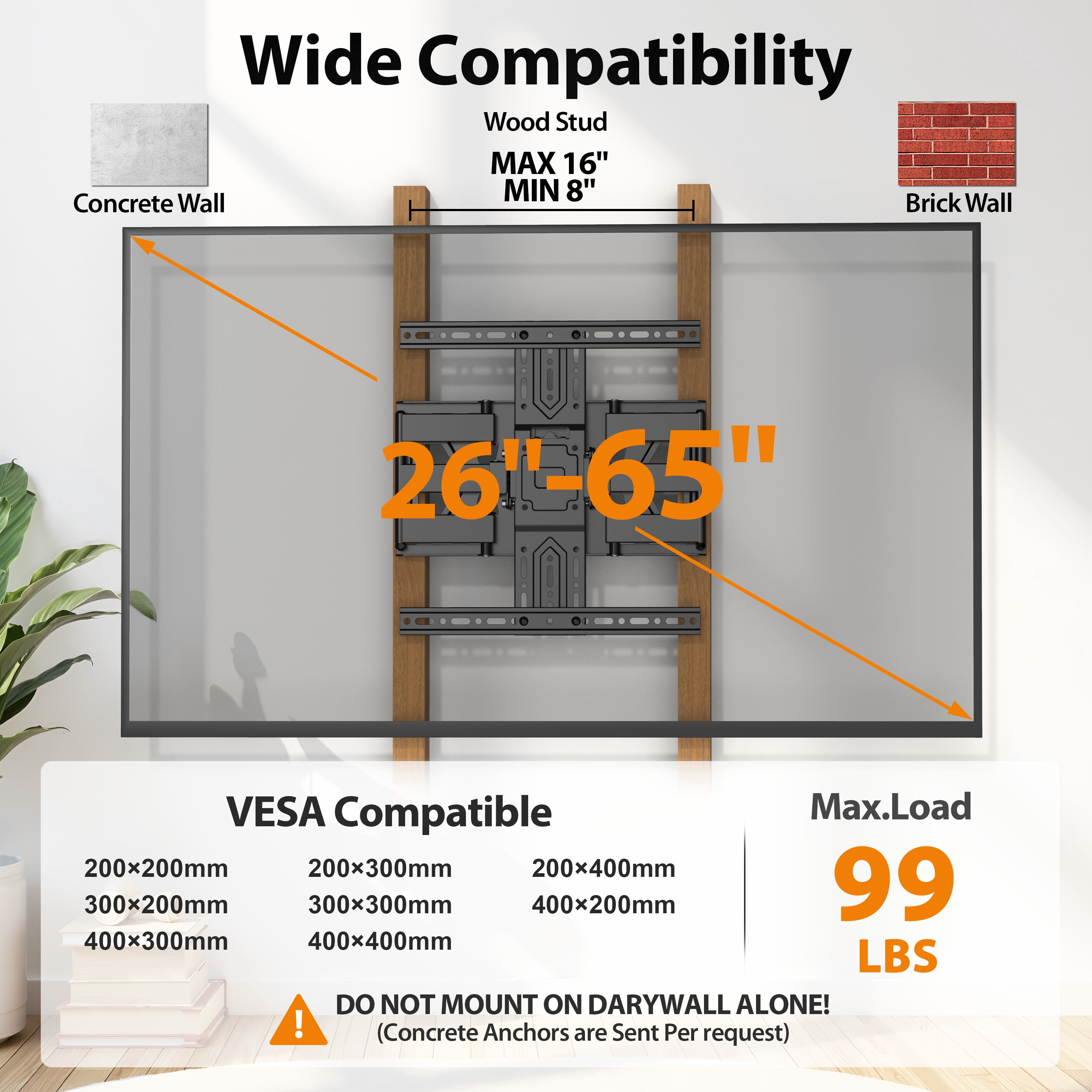 MountLiving Ultra Slim TV Wall Mount for 26-65" Screens, 1.3" Thin Profile, Swivel & Tilt, Max VESA 400x400mm, 99 lbs, Fits 16" Studs