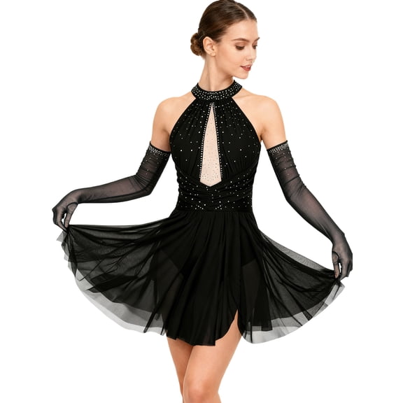 Doomiva Women Lyric Dance Dress Rhinestones Backless Ballet Gymnastic Figure Skating Dresses Black XXL