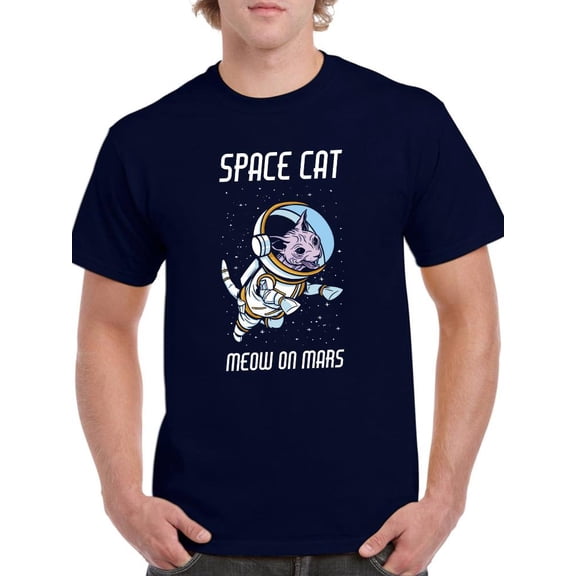 Space Cat Meows On Mars T-Shirt Men -Smartprints Designs, Male 3X-Large