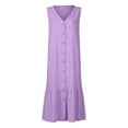 thumbnail image 4 of Purple Dresses for Women Solid Color Sleeveless Softy Dress Plus Size V-Neck Loose Fit Trendy Vacation Casual Dress Maxi Fashion Daily Gown Vest Sling Linin And Cotton Ruched Dress with Pocket,S, 4 of 5