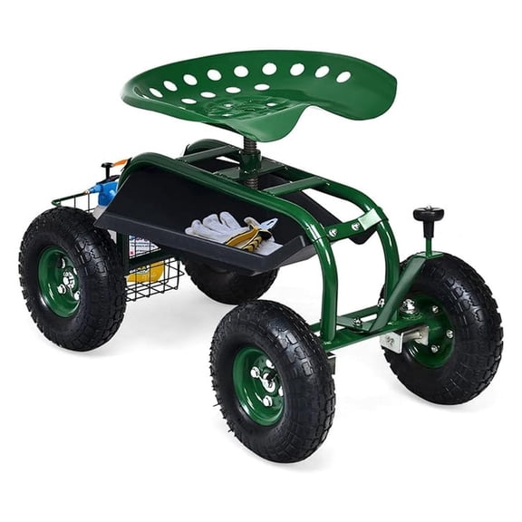 IRONMAX Garden Work Seat with Wheels, Rolling Heavy Duty Gardening Stool with Height Adjustable Seat, Steering Rod, Storage Tray & Basket, Outdoor Garden Yard Lawn Cart with Seat