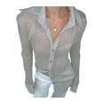 thumbnail image 2 of hirigin Women Long Shirt, See-through Shiny Long Sleeve Turn-down Collar Tops for Club Party, 2 of 9