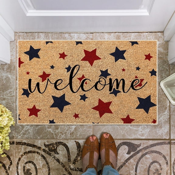 Diceymbol Patriotic Coir Doormat 23x15 In Welcome Star Print Red Blue Star Pattern Front Door Mat for 4th of July Decorations Outdoor Use