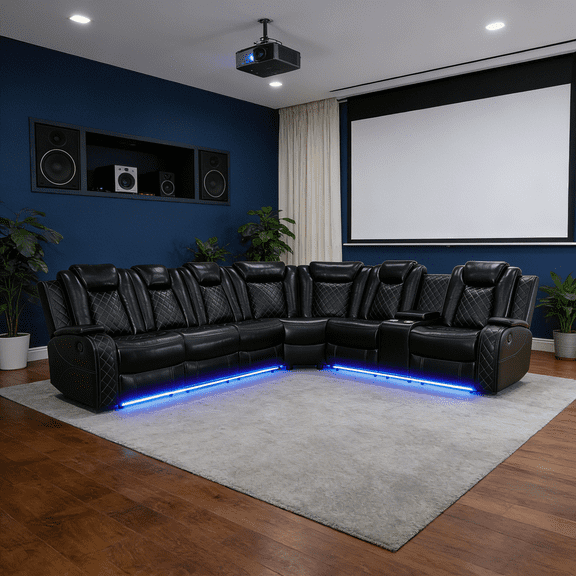 Black breathable leather intelligent electric recliner sofa three piece set (Noble Concubine position Left recliner Right recliner) with wireless charging and LED ambient light