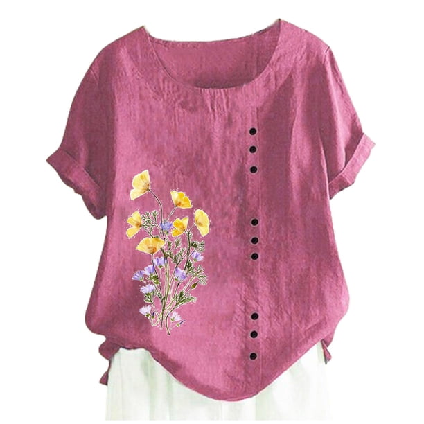 Camiseta Casual de Manga Corta con Botón de Cuello Redondo de las Mujeres, Tops Cortos para las Mujeres