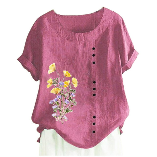 Camiseta Casual de Manga Corta con Botón de Cuello Redondo de las Mujeres, Tops Cortos para las Mujeres