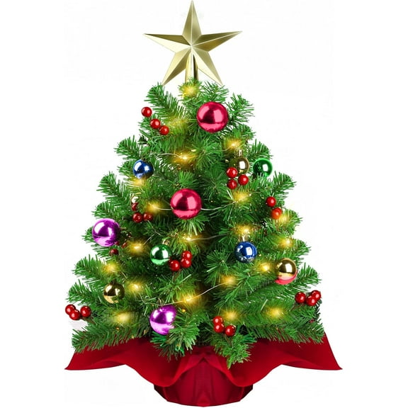 22 inch Mini Tabletop Christmas Tree with Warm Lights Gold Ornaments Skirt star Red