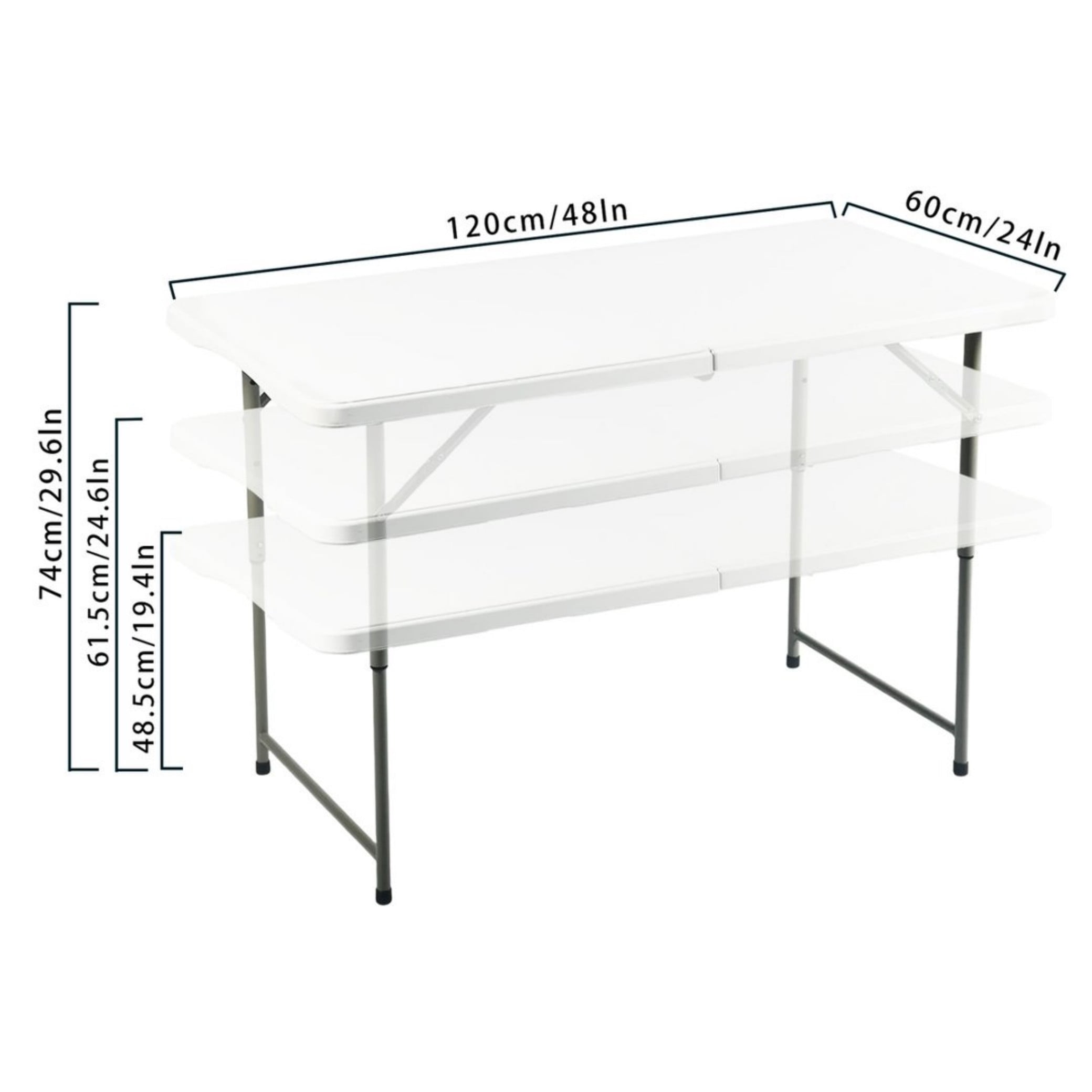 BSHTI 48" Rectangular Folding Dining Table – 3 Adjustable Height Settings with Carrying Handle, Indoor & Outdoor Use for Dining Room, Living Room, Office & Camping, White