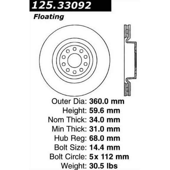 Centric Parts Disc Brake Rotor P/N:125.33092 Fits select: 2009-2011 AUDI A6, 2004-2010 AUDI A8