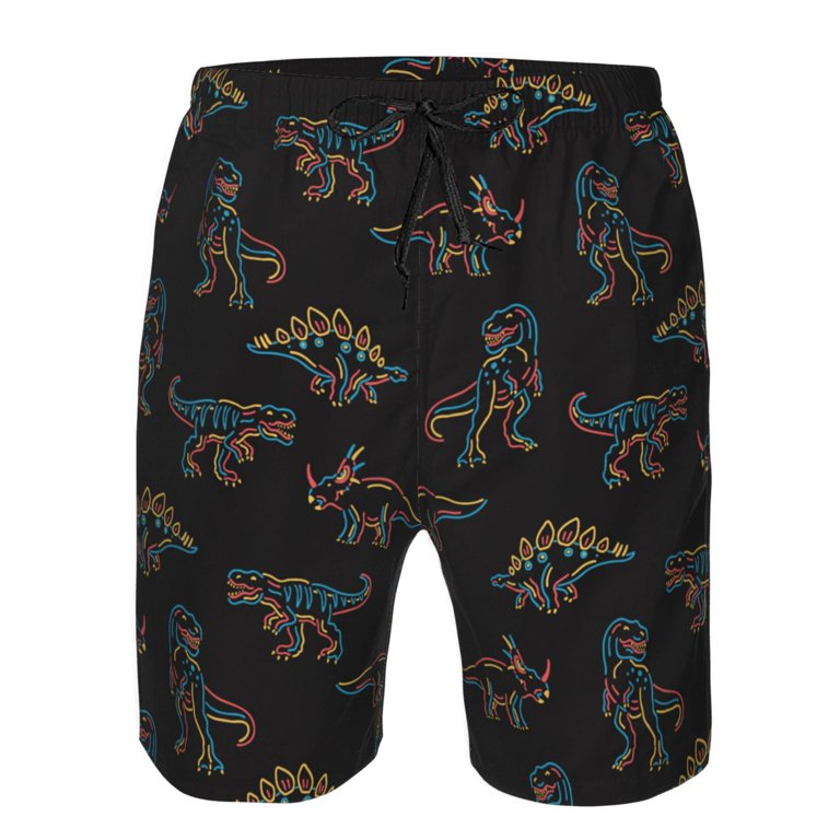 Fuzoiu Neon Dinosaur Print Men's Beach Shorts,Men's Swim Trunks