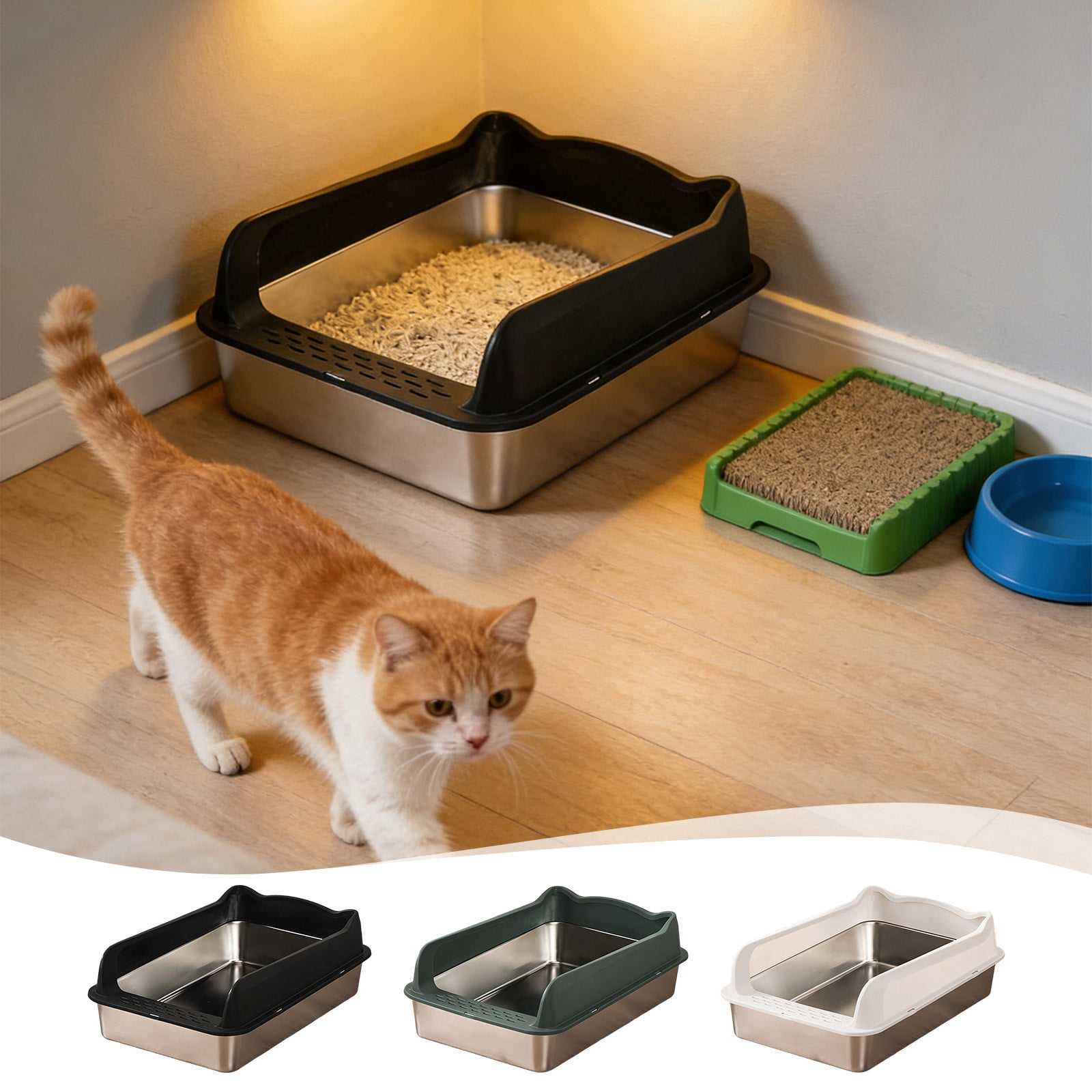 Stainless Steel Litter Box with High Sides, Open Top Extra Large Metal Cat Litter Box, Non-Stick, Odor Free, Leakproof, Scoop Included, 16" x 12" (White)