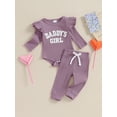 thumbnail image 3 of Suealasg Newborn Girl Fall Outfits 2Pcs Baby Girl Clothes Set Plush Letter Embroidery Ribbed Long Sleeves Romper and Elastic Pants 3 6 9 12 18 Months Infant Girls Autumn Clothing, 3 of 9