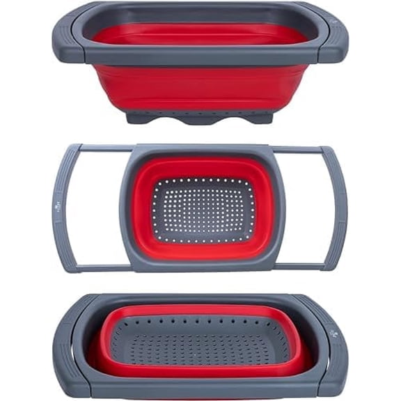 Collapsible Colander Strainer with Extendable Handles - Over the Sink Vegetable/Fruit Colanders Strainers for Kitchen, Capacity of 6 quart (Red)