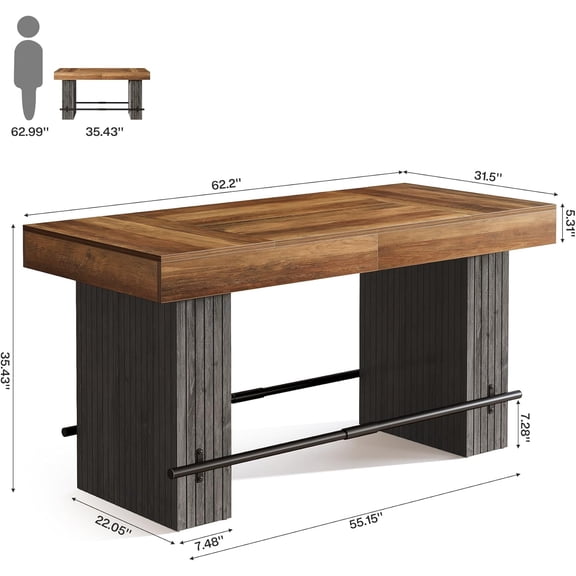 62.2-Inch Counter Height Dining Table for 4-6 People with Footrest, Rustic Brown High Top Bar Table for Kitchen Living Room Pub