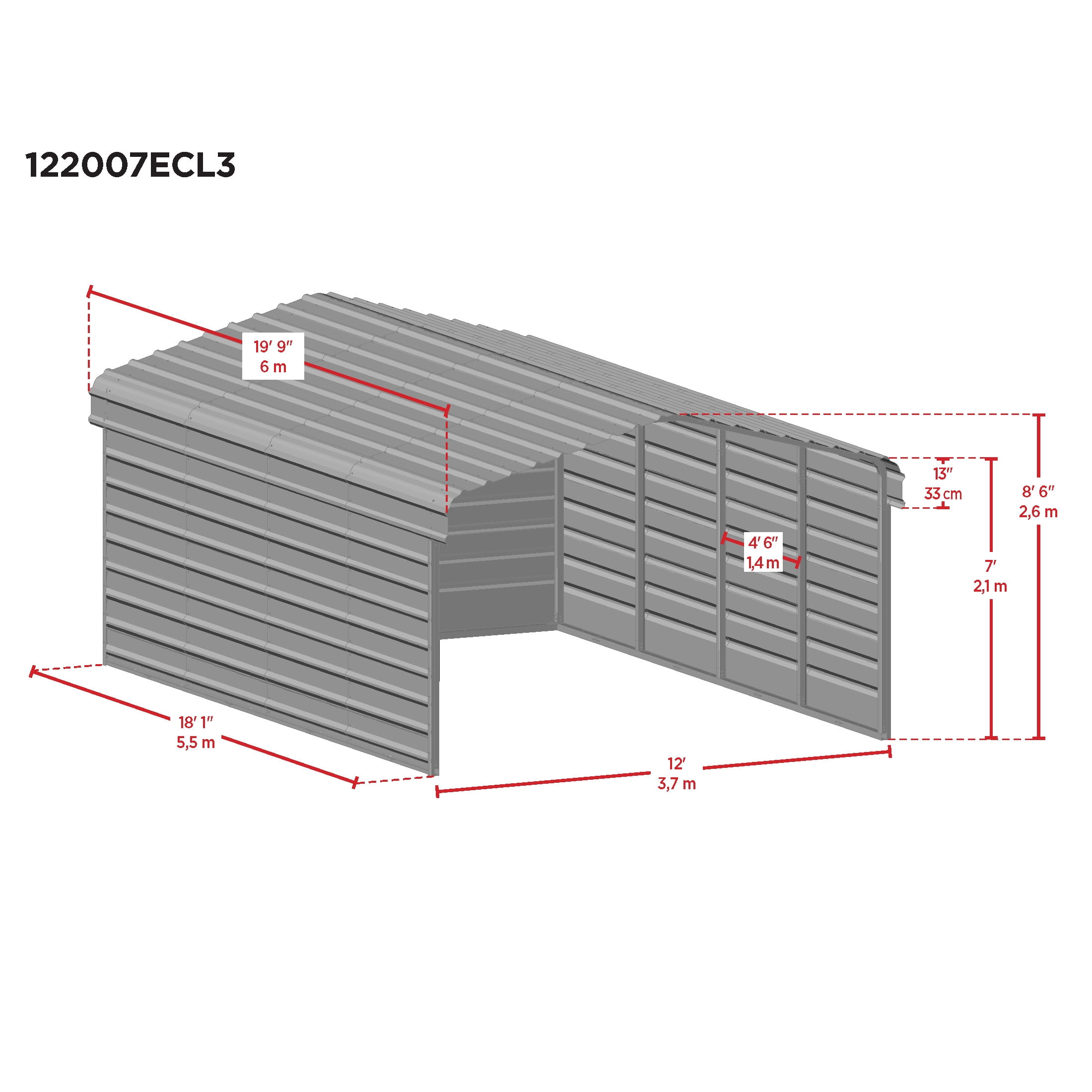 Arrow 12 x 20 x 7 ft Eggshell Steel Carport With 3 Wall Kit