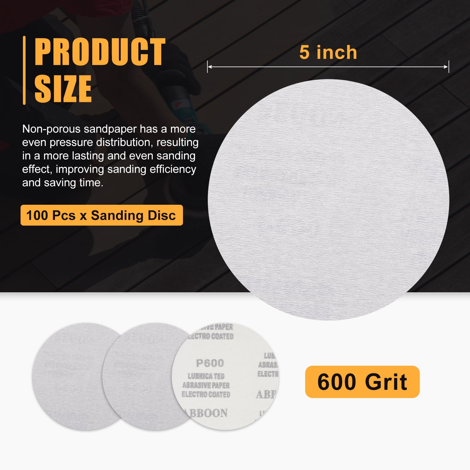 100 Pcs 5 Inch Sanding Disc 600 Grit Round Hook and Loop Sandpaper Fit for Random Orbital Sander or Automotive Car Repairing, Grinding and Polishing, White