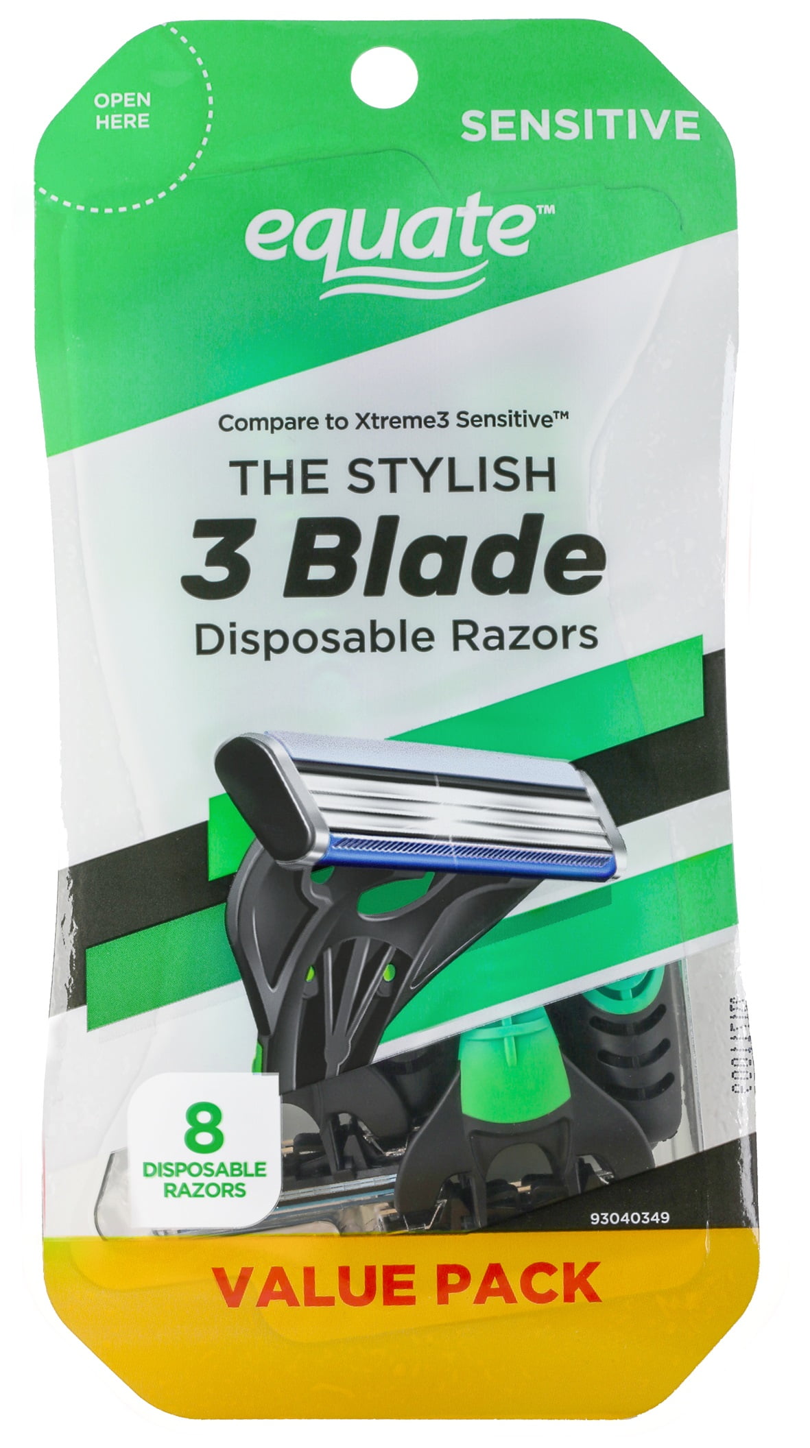 (3 pack) Equate Men's 3-Blade Sensitive Disposable Razors, Green and Black, 8 Count