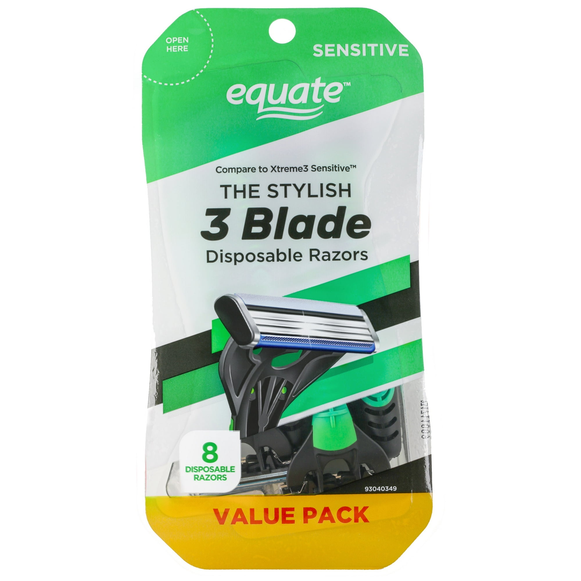 Equate Men's 3-Blade Sensitive Disposable Razors, Green and Black, 8 Count