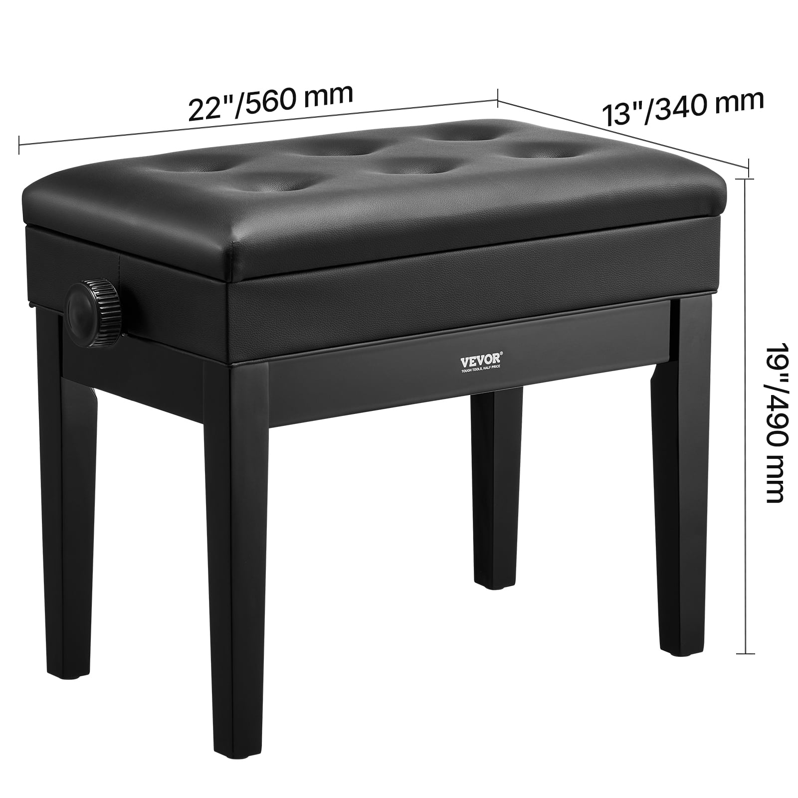 VEVOR Piano Bench, 22" x 13" x 19.3", Keyboard Piano Chair with 19.3"-22.8" Adjustable Height, Padded Cushion, Storage Compartment for Music Books, Wooden Piano Stool Seat, for Vanity, Living Room