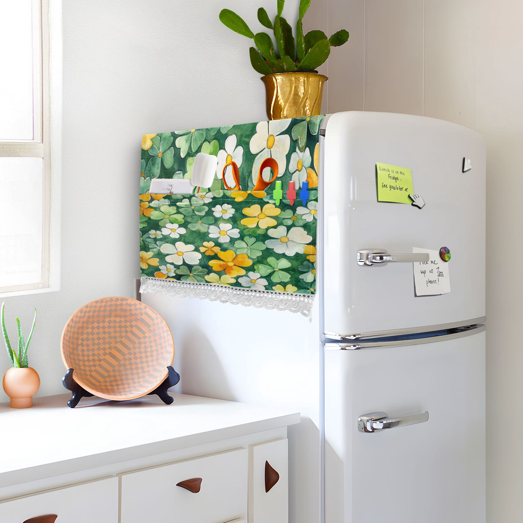 Green and Yellow BlossomsWasher and Dryer Covers Dust-Proof and Oil Resistant Fridge Cover with 4 Storage Pockets Washing Machine Top Cover for Laundry Kitchen Home 51.2 x 22 In