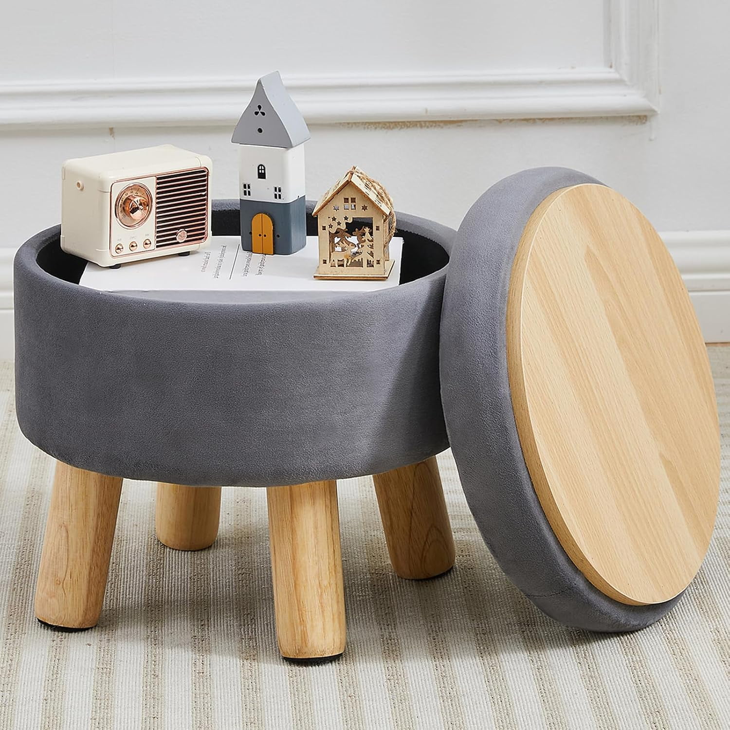 Small Foot Stool Ottoman with Storage Velvet Ottoman Foot Rest for Couch Round Footstool with Storage Small Ottomans and Footstools for Living Room and Entryway (Gray)