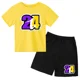 thumbnail image 3 of Conjunto de camiseta de cuello redondo de algodón para niños de verano con 24 mangas cortas y pantalones cortos casuales estampados para niños y niñas de 2 a 12 años, 3 of 5