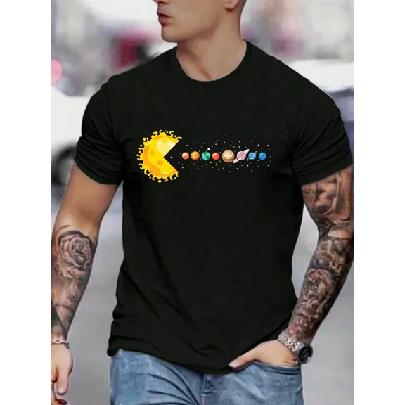 Men's Funny Planet Print Round Neck Short Sleeve Casual Loose T-Shirt, Suitable For Street, Outdoor, Layering, And Daily Wear