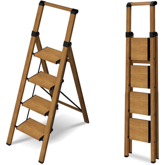 4 Step Ladder,Lightweight Folding Step Stool with Aluminum Wide Pedal& Convenient Handgrip,330lbs Capacity Steel Ladder for Household and Office(Woodgrain)