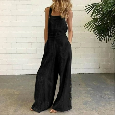 

HOMBOM Scrub Pants for Women Summer Casual Loose Jumpsuit Suspender Pants Wide Leg Solid Buttons Overalls Black S(8)